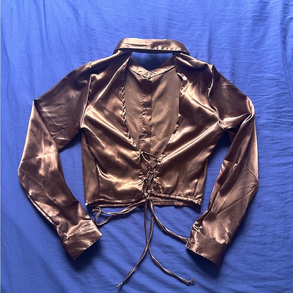Streetwear Society Brown Satin Button Up Crop Top - Picture 4 of 6